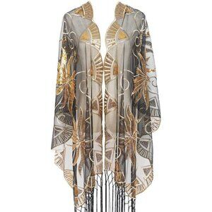 Black Gold Lace Sheer Mesh Sequin Embellished Wedding Evening Shawl‎ Wrap Scarf